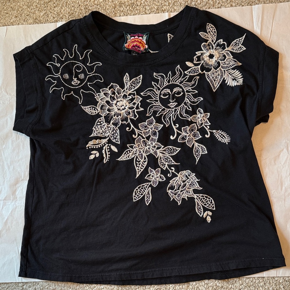 Johnny Was Black Tee with White Embroidery